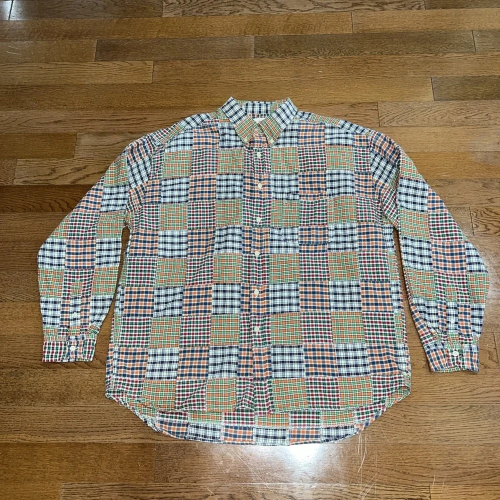Vtg J. Crew Oarsman Multicolor Patchwork Madras Plaid Button Down Shirt Men XL